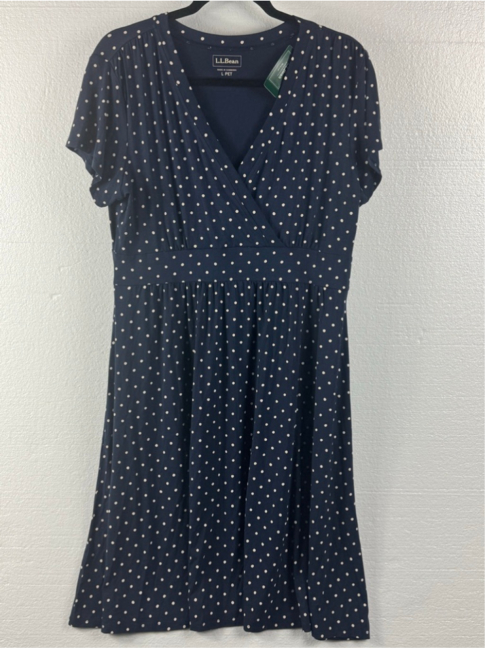 L.L.Bean Summer Knit Navy Polka Dot Short Sleeve Dress size Large P